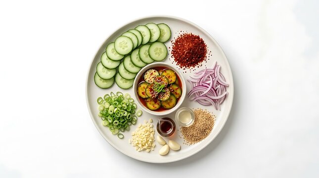 Korean cucumber salad -inspired fresh vegetable salad plate arranged with sauces for healthy meal preparation