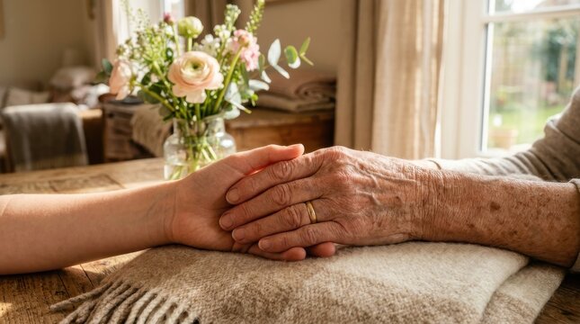 Compassionate elderly care, young hand holding senior wrinkled hand, empathy and support for aging grandparents