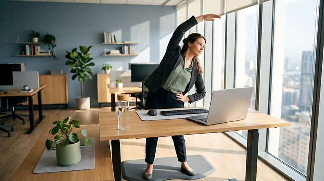 Professional businesswoman stretching at standing desk in modern office interior