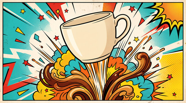 Pop art illustration of a coffee cup exploding with liquid and colorful comic book style energy bursts