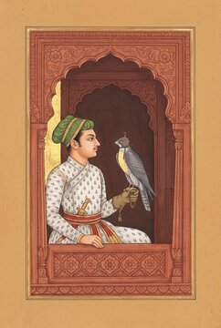 Indian miniature painting of a Mughal prince with a hooded falcon at a carved red sandstone jharokha window