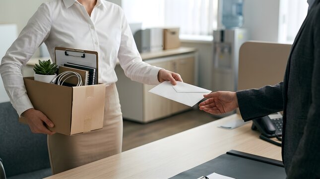 Resignation letter handed to manager, employee quitting job with box of personal items