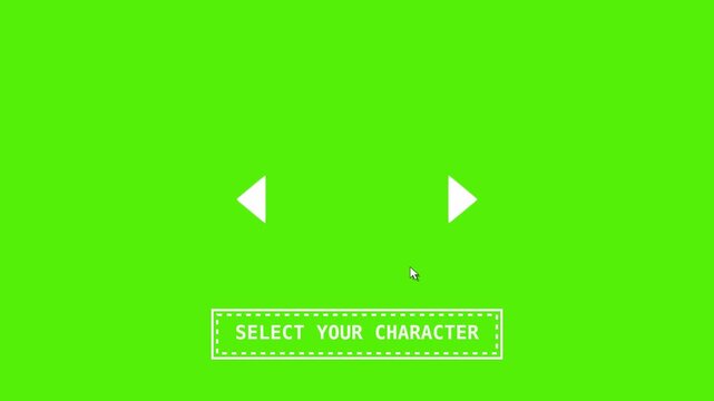 Retro gaming select your character interface on green screen, pixel art video game menu with navigation arrows, vintage arcade user interface