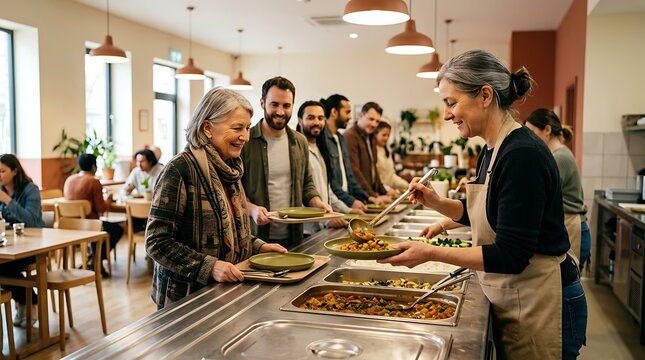 Friendly senior woman serving food in cafeteria line to diverse customers