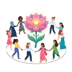 Fototapeta premium Diverse women holding hands around giant glowing flower