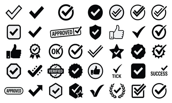 Diverse collection of black tick mark vector icons for professional business and user interface design projects