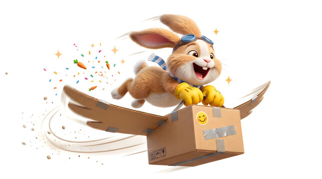 Cute cartoon rabbit flying with a winged cardboard shipping box 3D illustration
