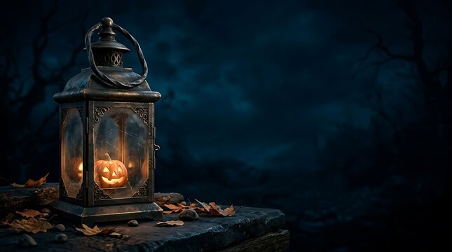 A glowing vintage lantern sitting on a dark wooden surface creating a spooky atmosphere for halloween night celebrations