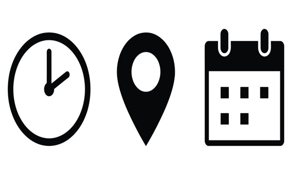 Minimalist black vector graphic set showing a clock symbol location pin and a daily paper calendar