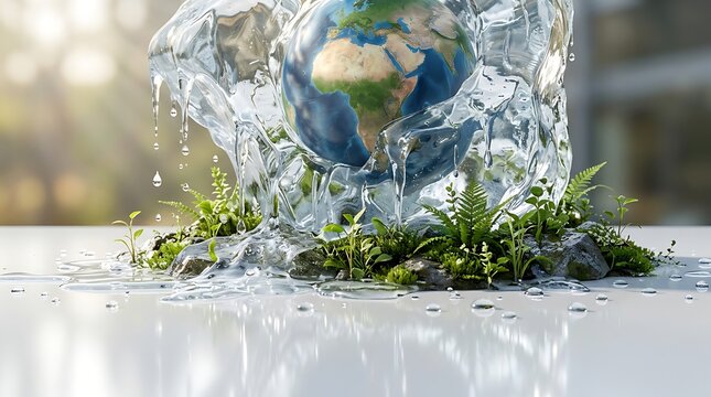 Globe encased in flowing water splash surrounded by green plants and rocks on surface