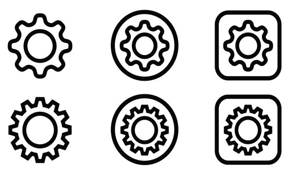 Minimalist vector gear icons set featuring bold outline strokes for modern digital user interface design projects