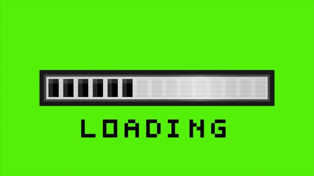 Retro pixel art loading bar on green screen, vintage 8-bit computer status indicator, nostalgic gaming interface progress bar for video editing