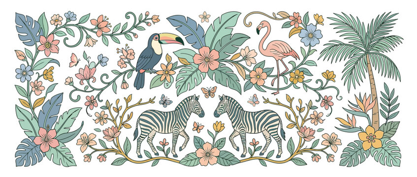 Tropical Jungle Animals and Flora Border Design
