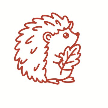 Cute vector hedgehog holding an autumn leaf, outline cartoon animal illustration isolated on white background.