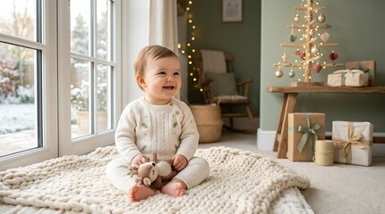 Fototapeta premium Joyful baby smiling while holding a stuffed toy sitting on a cozy knitted blanket with Christmas tree
