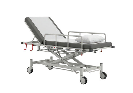 Adjustable hospital stretcher with wheels is presented on transparent background medical healthcare