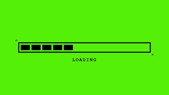 Retro loading bar animation on green screen, vintage computer interface progress indicator, pixelated digital status bar for video editing