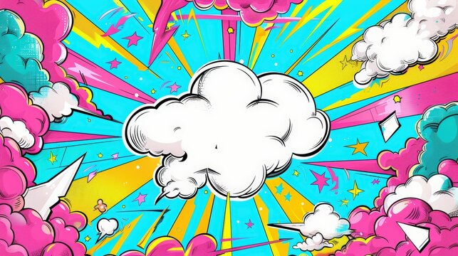 Colorful pop art cloud with comic burst, stars, and rays