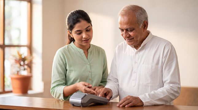 Indian Female Bank Mitra Assisting Rural Customer with Micro-ATM Biometric Transaction