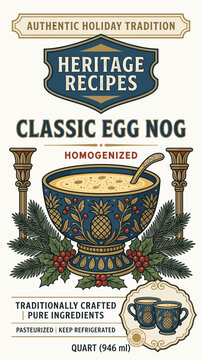 Classic egg nog packaging design with traditional recipe details and decorative elements