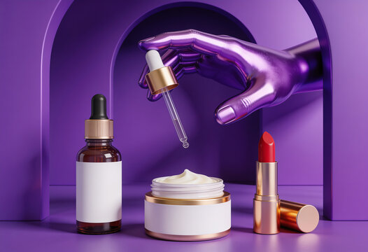 Skincare products set with dropper bottle and cream jar under metallic purple hand holding pipette 3D render