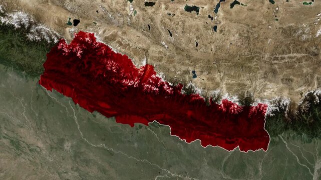 Animated Satellite Map Zooming into Nepal Highlighted in Red with Regional Neighbors - Nepal Country Map Animation Highlighting Flag, Borders, and Regional Neighbors
