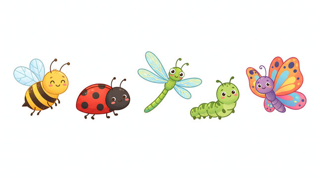 cute cartoon insects vector set with bee ladybug and butterfly