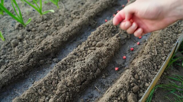 Hand sowing red pea seeds into garden bed close-up