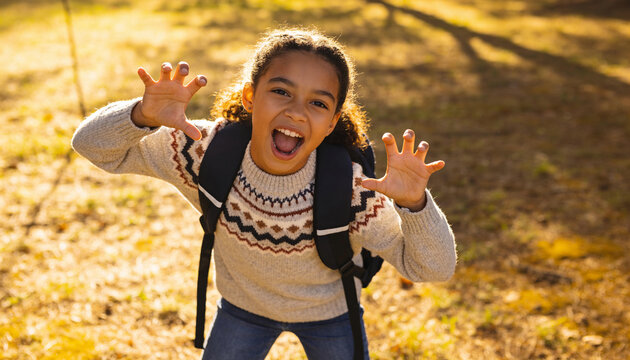 Playful young girl making monster claw hands and growling in autumn park during golden hour warm natural light