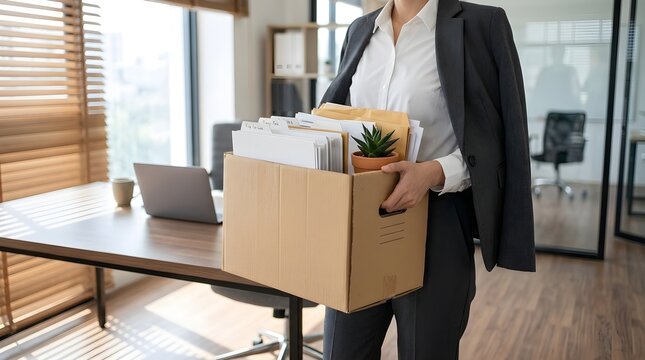 Unemployed businesswoman holding cardboard box, resignation and job loss concept