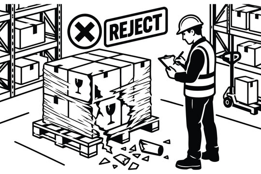 Warehouse worker inspecting damaged cargo on a pallet Vector