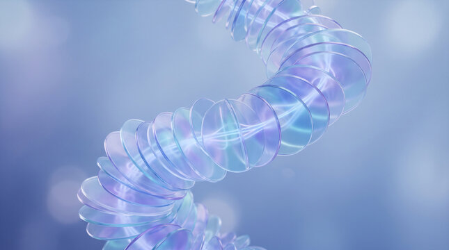 Abstract 3d render of a spiral structure composed of translucent iridescent circular discs with a soft blue bokeh background