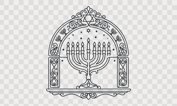 Hanukkah one line art design editable new 2026 Elegant black and white illustration of a menorah with star of david arch framing isolated on transparent background, Vector, illustration