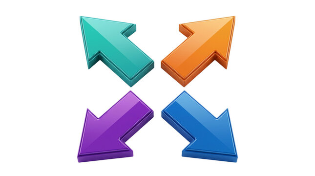 Four colorful arrows pointing outwards in four diagonal directions 3D icon for expansion fullscreen scale growth interface concept
