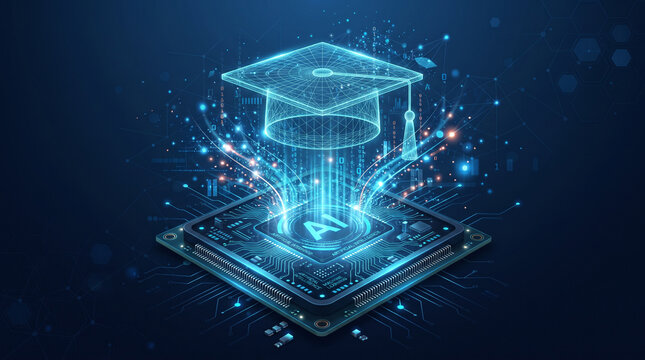Digital illustration of a graduation cap floating above a computer processor chip with glowing blue light representing artificial intelligence in education