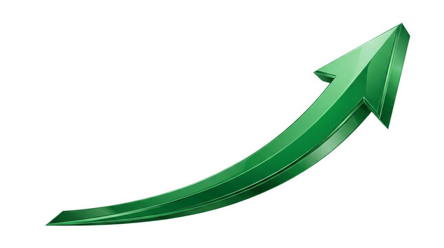 Green upward trending arrow symbolizing growth, progress, and success in business and finance, isolated on a white background, showcasing advancement and positive change in charts and reports