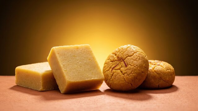 Aam Barfi and Kesar Peda &ndash; Mango and Saffron Indian Festive Sweets.