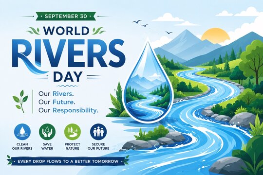 World rivers day poster with a scenic mountain river landscape inside a drop