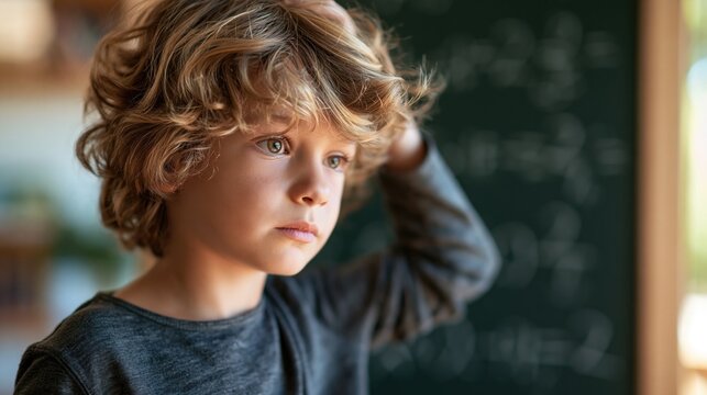 Child with curly hair stands in a classroom looking thoughtful and scratching his head near a chalkboard equation.