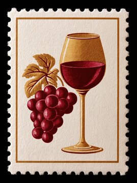 Wine glass and grape cluster on a vintage postage stamp style background with burgundy and gold tones.