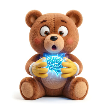 Teddy bear holding glowing brain 3D illustration concept of intelligence and bright ideas