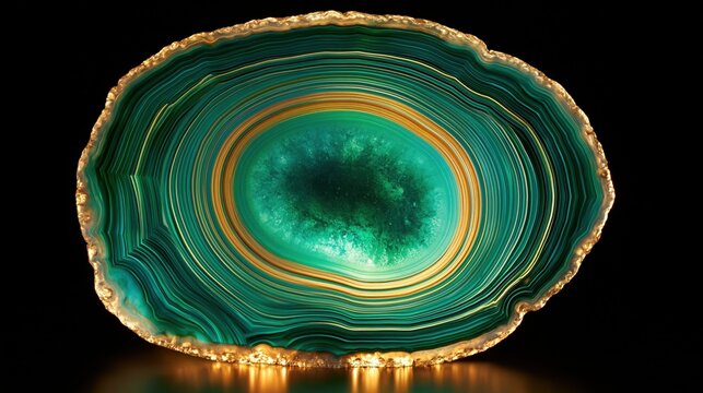 Agate geode slice with green and gold concentric mineral bands glowing against a black background.