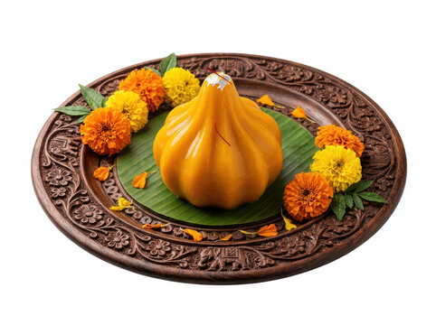 Sweet modak dumpling served on a decorative wooden plate with fresh yellow flowers