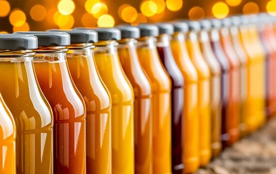 Long Row of Glass Juice Bottles with Orange and Amber Liquid on Production Line