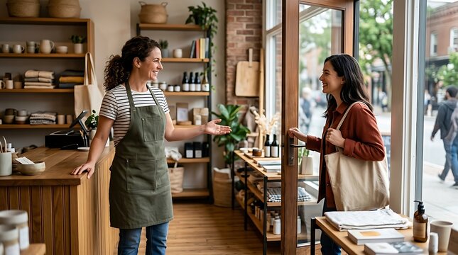 Friendly store owner greeting a customer entering a small boutique shop with shelves of products