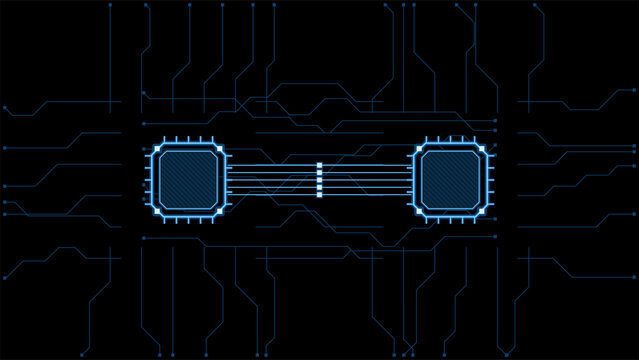 Dual Processor Circuit Board, Blue Neon Technology Background with Two CPU Chips and Data Bus on Black