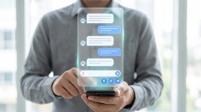 Man using smartphone with holographic chat bubbles interface for AI assistant communication AI assistant artificial intelligence digital conversation messaging app automated response tech chat