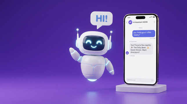 3d render of a cute friendly ai robot character waving hello next to a smartphone displaying a chat interface on a solid purple background