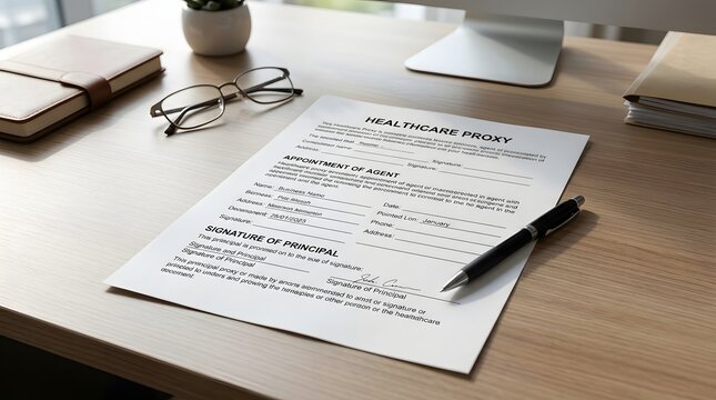 Patient Healthcare Proxy Document with Pen and Eyeglasses for Medical Representative and Advance Care Planning