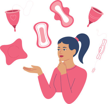 Flat vector woman choosing period care products illustration, female hygiene options menstrual cup pad and tampon choice infographic element